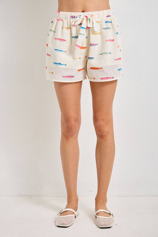 FISH PRINT DRAWSTRING SHORTS