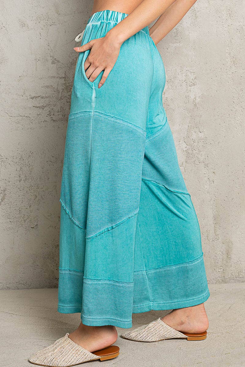 Contrast ribbed elastic waist casual knit culottes pants