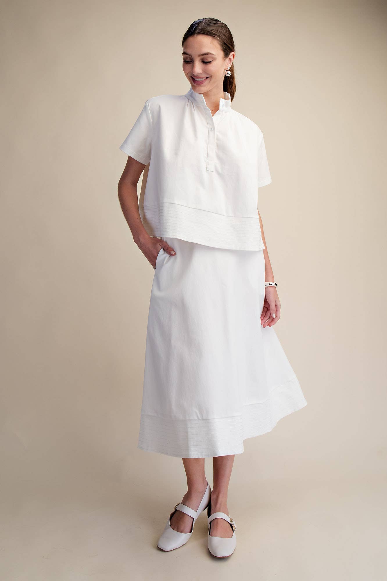 Stand Collar Short Sleeve Stitch Detail Shirt