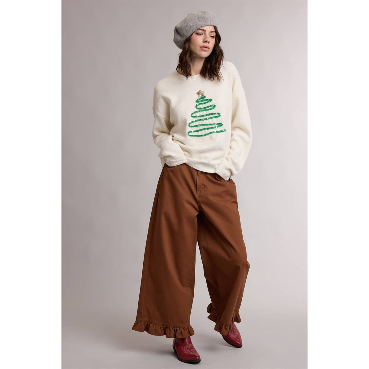 SEQUIN CHRISTMAS TREE LINE ART CREWNECK SWEATER / WL26-13348