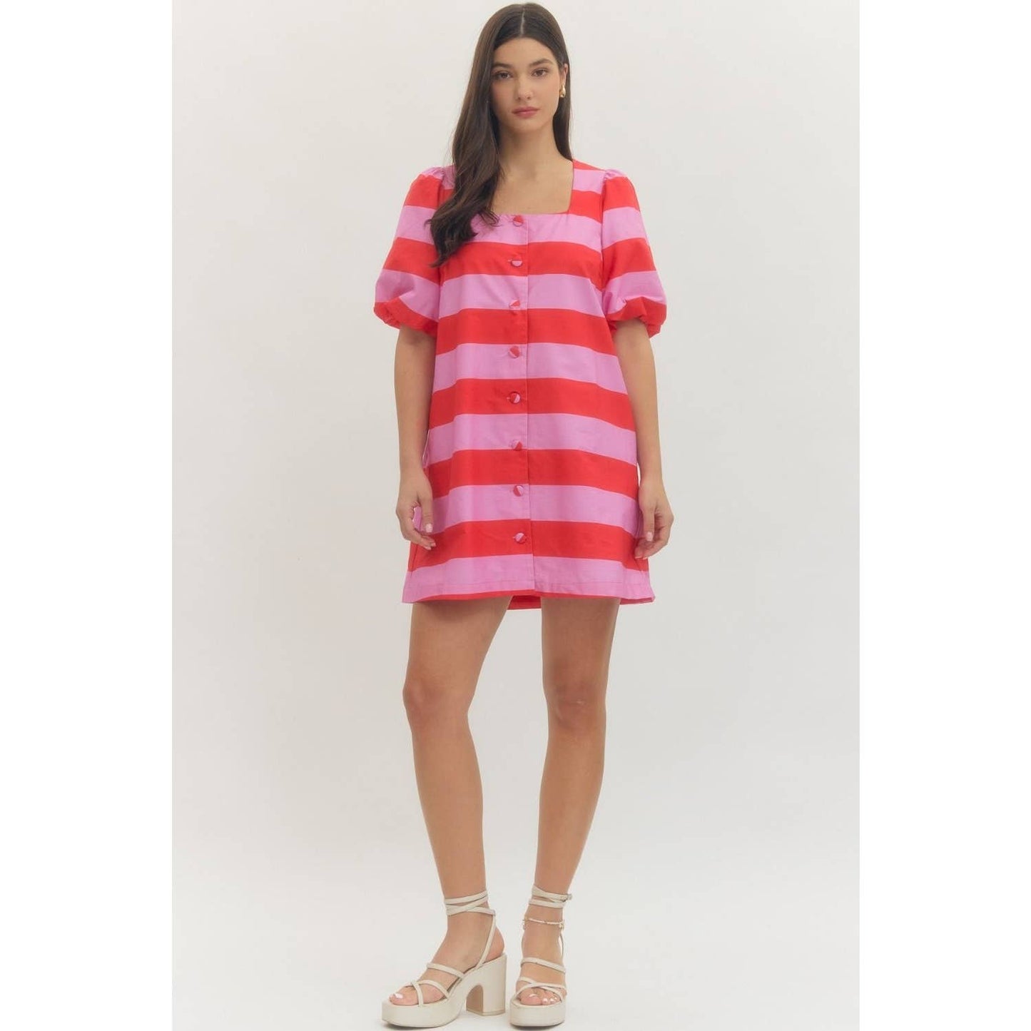 Bold stripe short puff sleeve mini dress