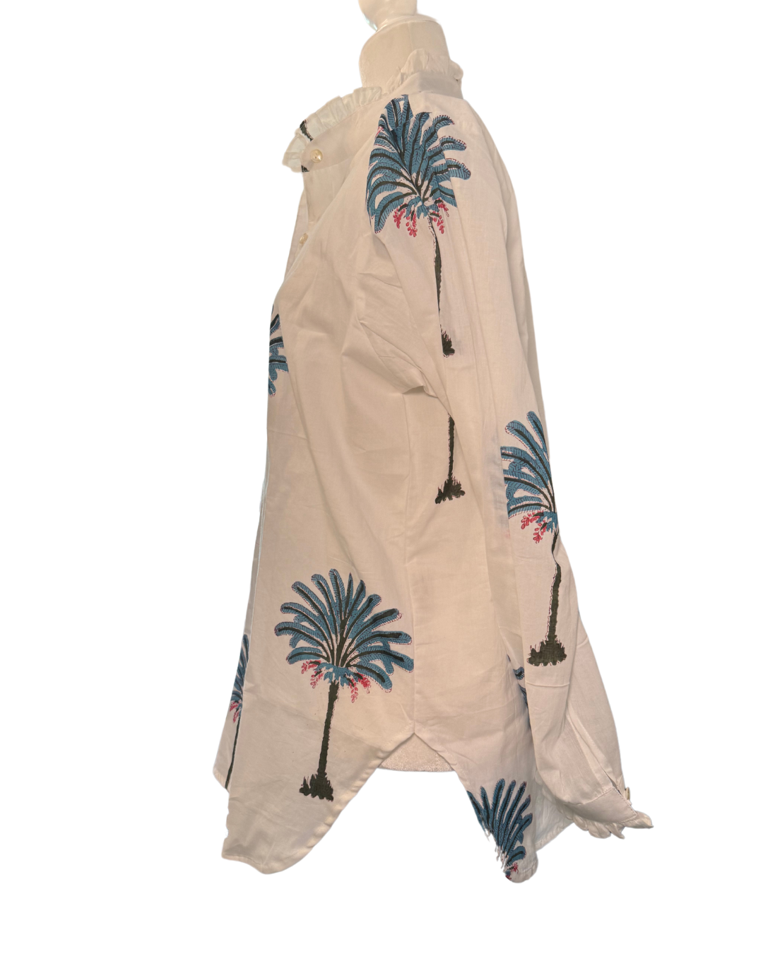 Women's Palm Tree Print Ruffled Collared Blouse