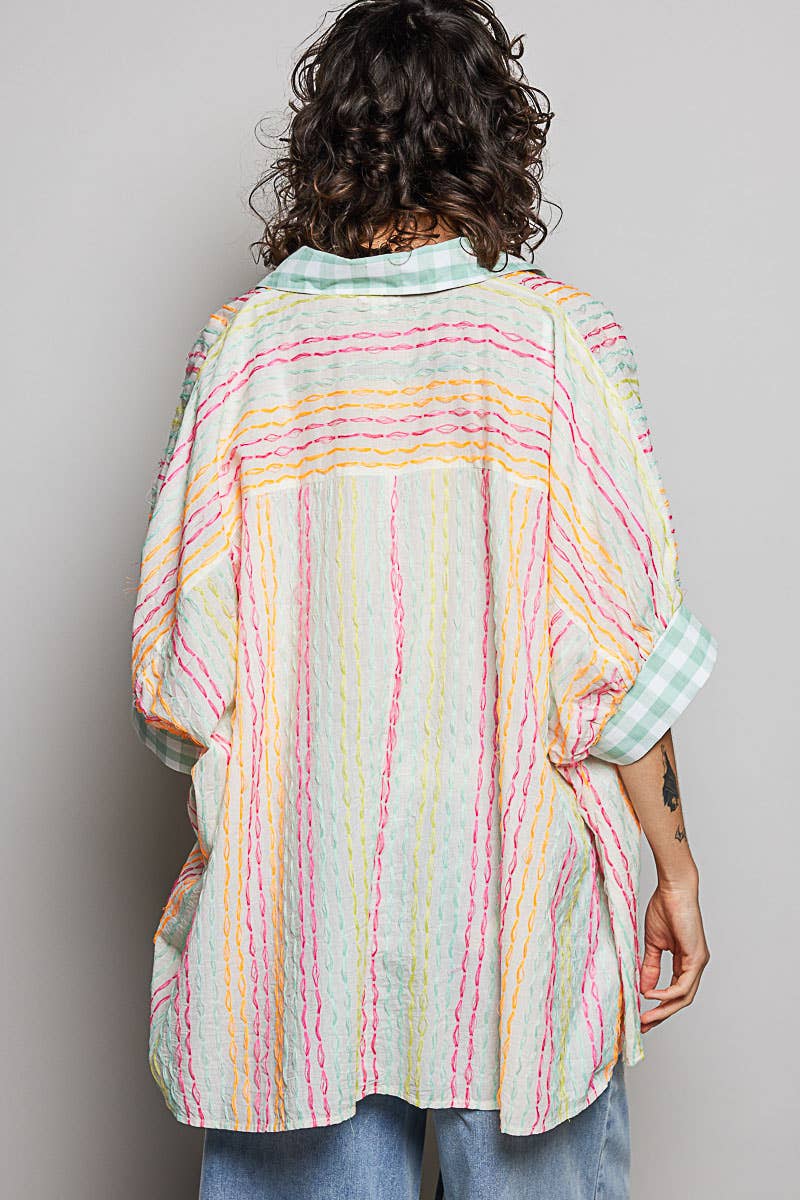 Stripe Boxy Fit Contrast Cuff Woven Shirt Top