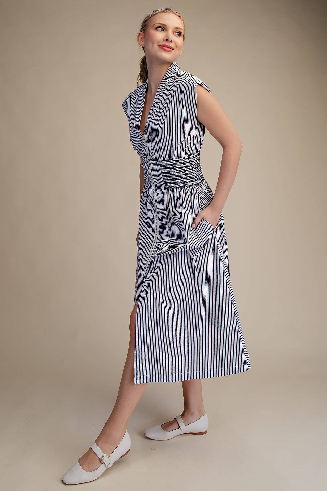 V-Neck Front Zip Waist Smocked Casual Midi Dress