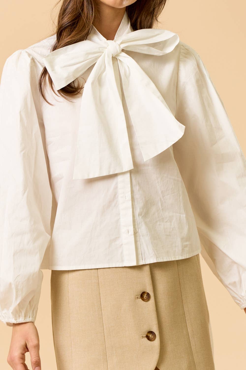 ILT6233 Ribbon-Tie Button Down Top with Puff Sleeves