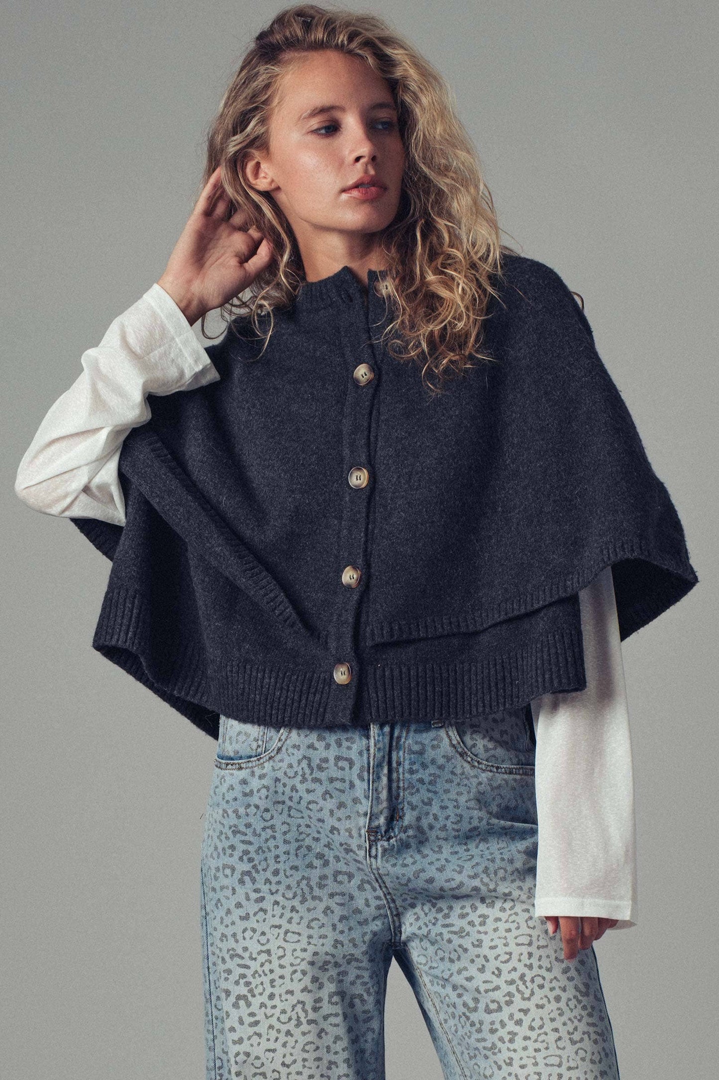 Chic Button-Front Wool Sweater Cape Layer