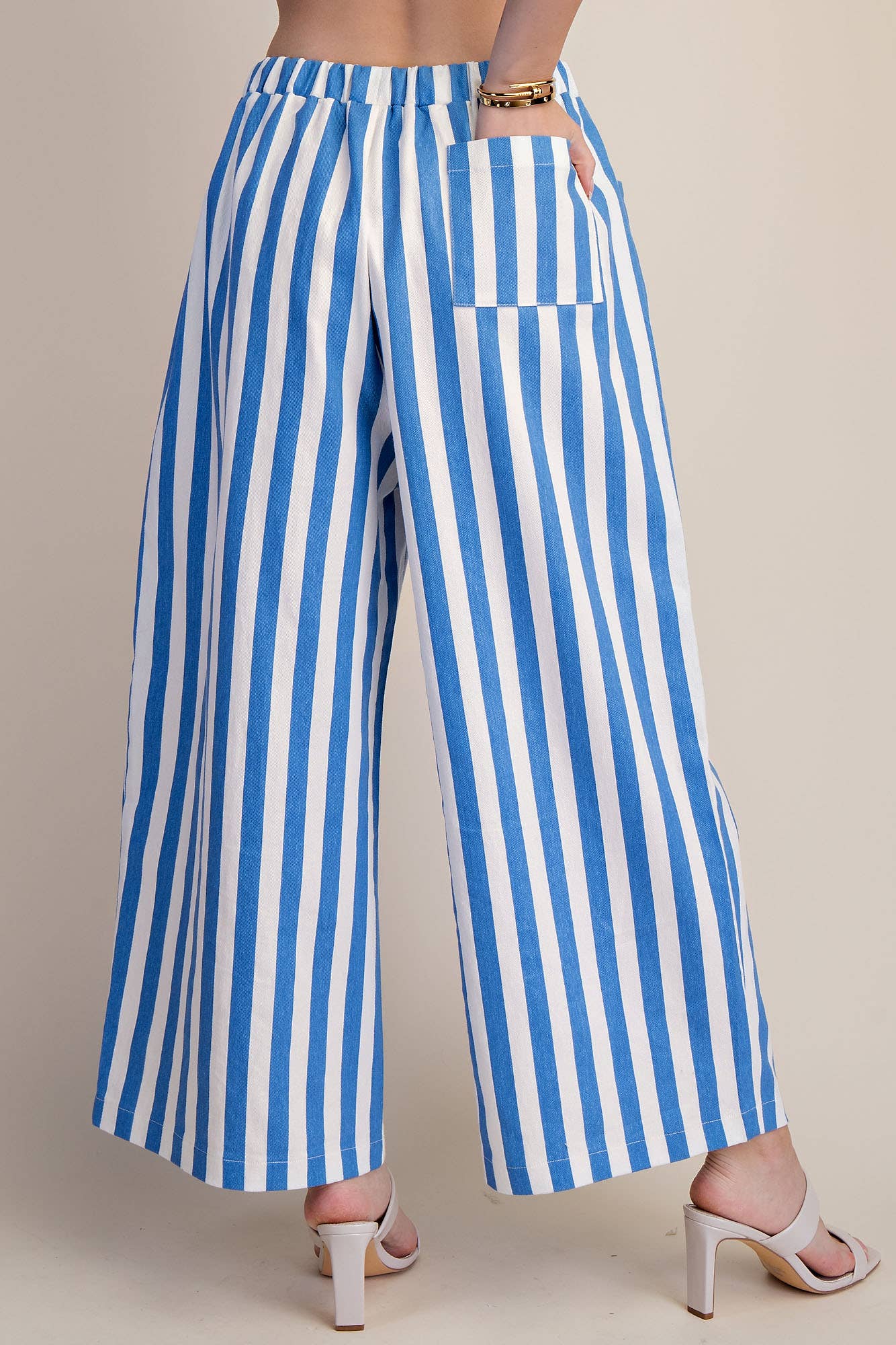Stripe Wide Pants With Elastic Band Drawstring and Pockets