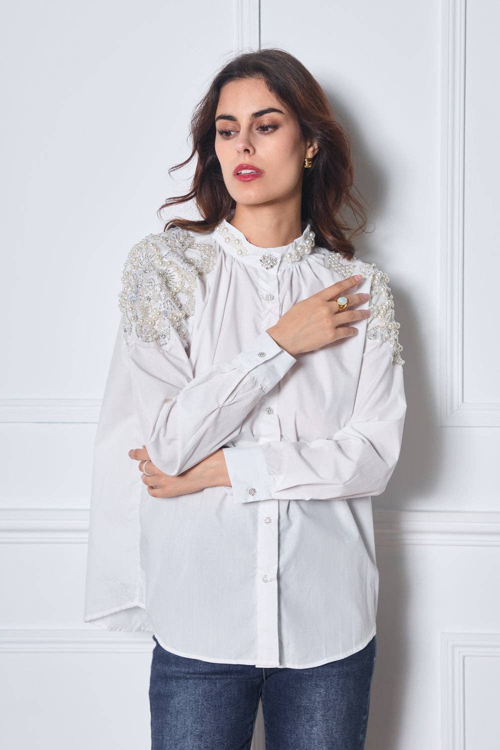 Shirt with beaded embroidery on the shoulders