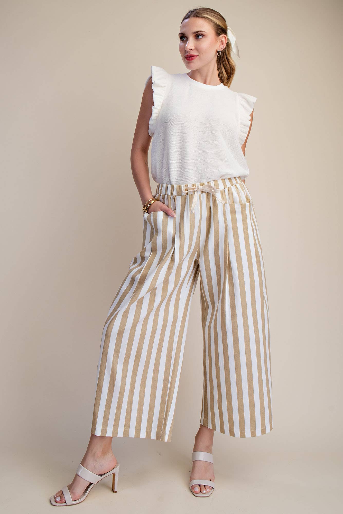 Stripe Wide Pants With Elastic Band Drawstring and Pockets