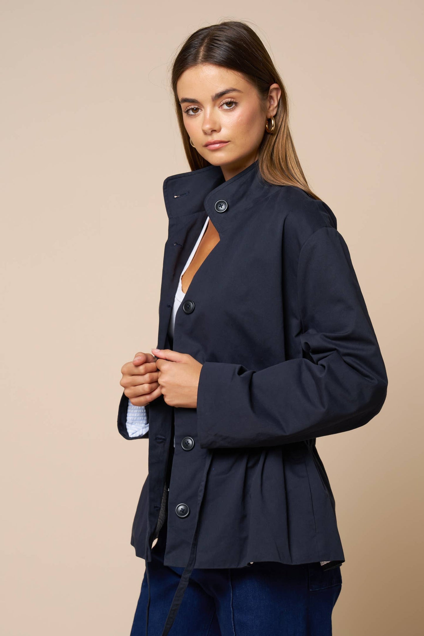 Drawstring Waist Button Down Jacket