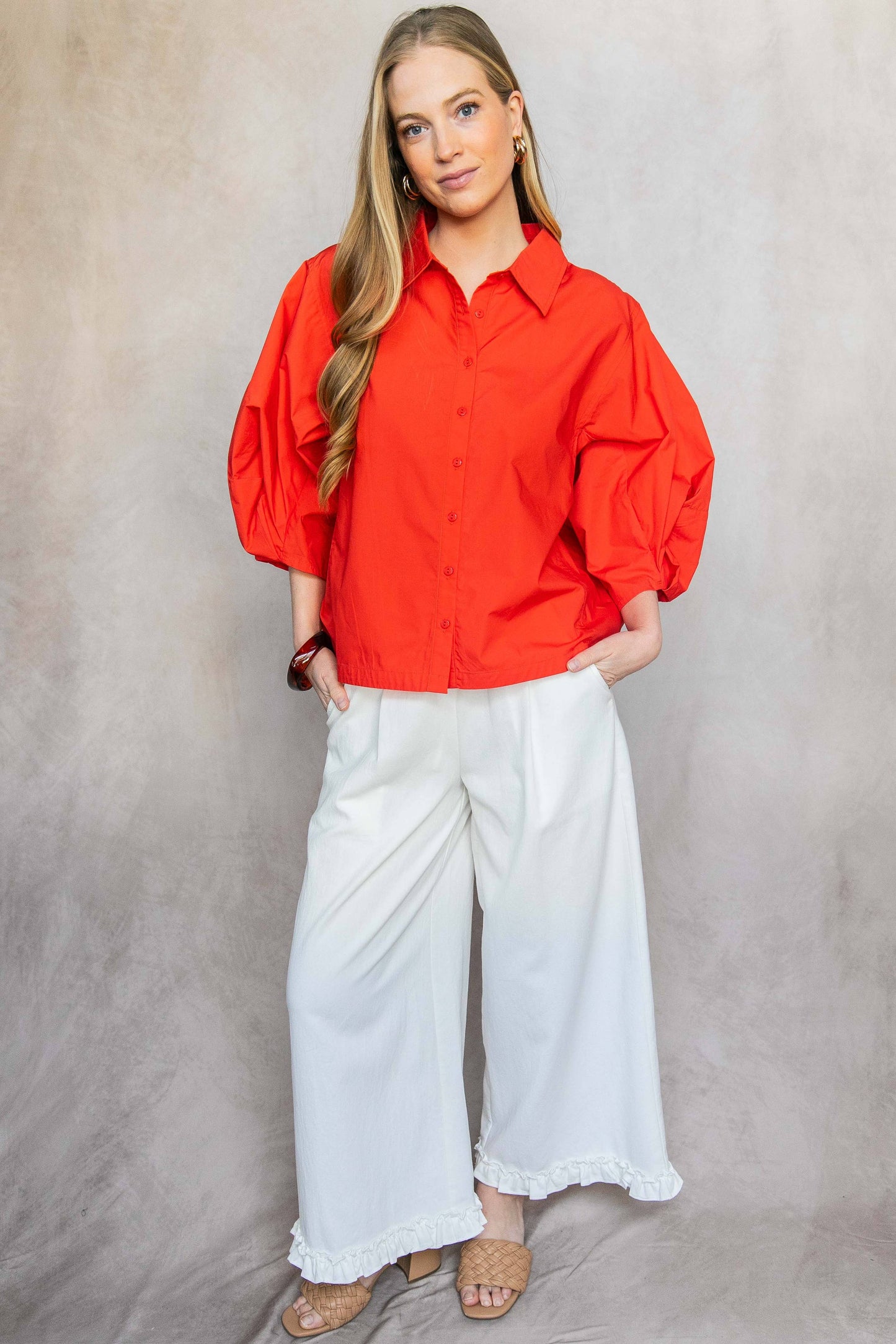 Poplin Bishop Sleeve Button Up Shirt