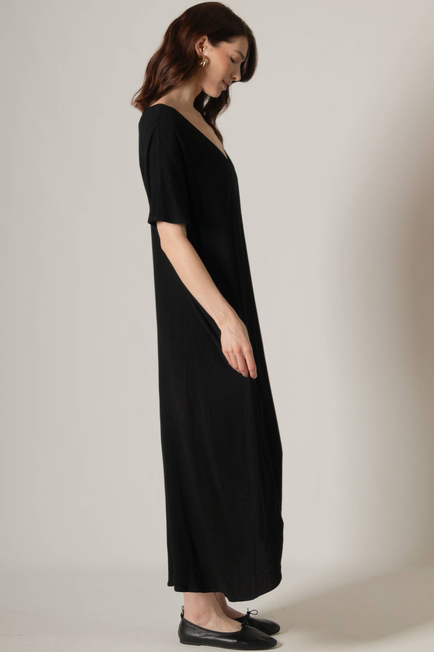 P. CILL Linen Cotton Blend V-Neck Midi Dress