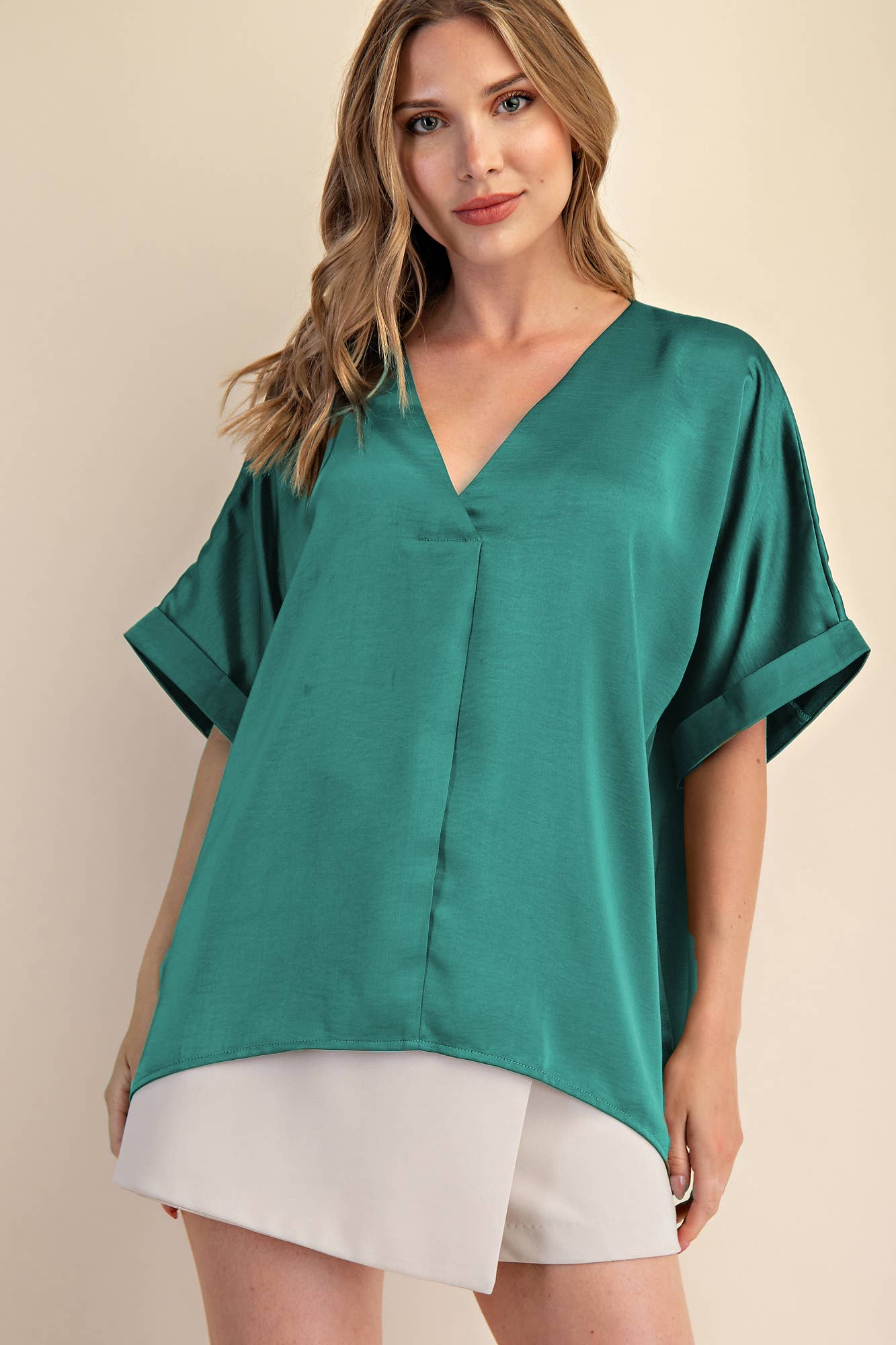 Pull Over Satin Blouse V-neck High Low