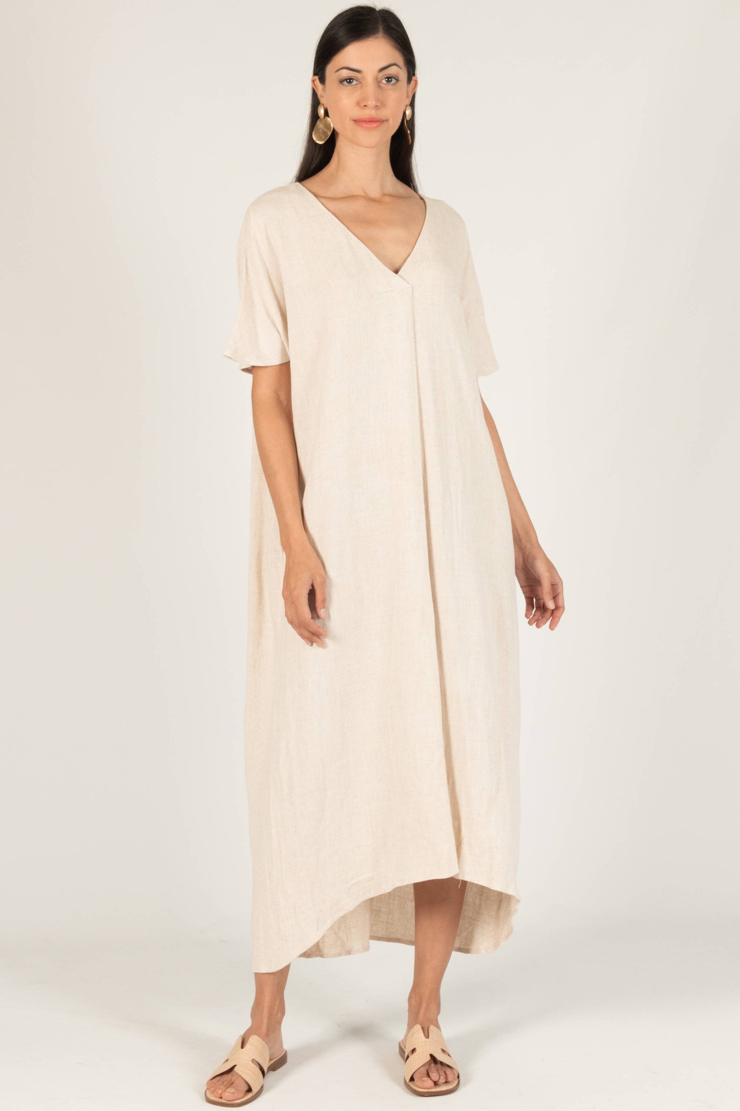 P. CILL Linen Cotton Blend V-Neck Midi Dress