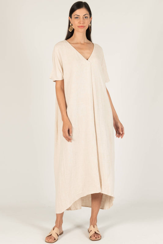 P. CILL Linen Cotton Blend V-Neck Midi Dress