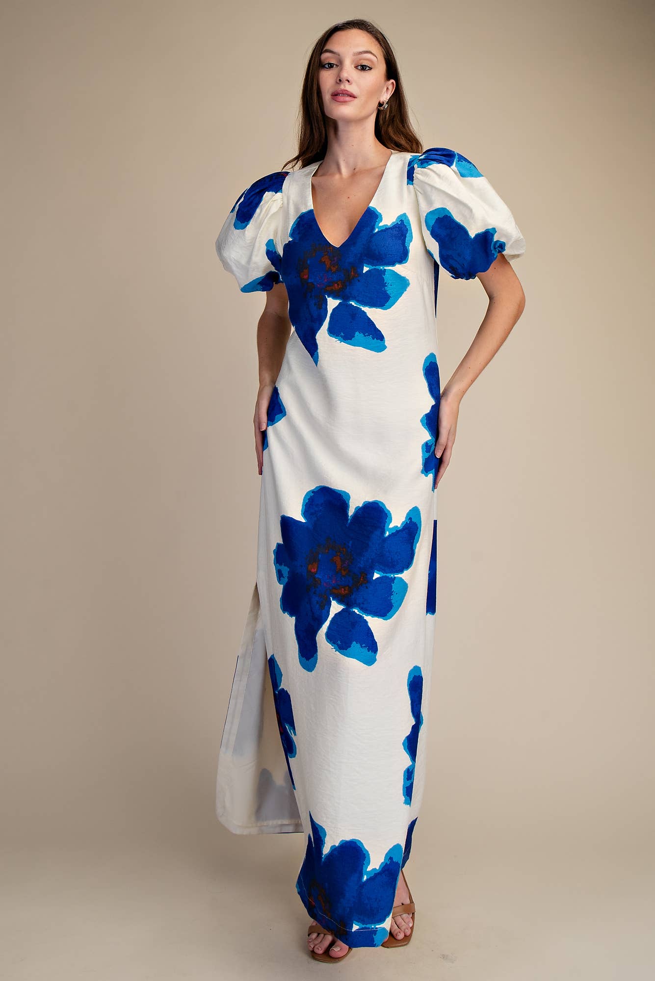 Puff-Sleeve A-Line Maxi Dress