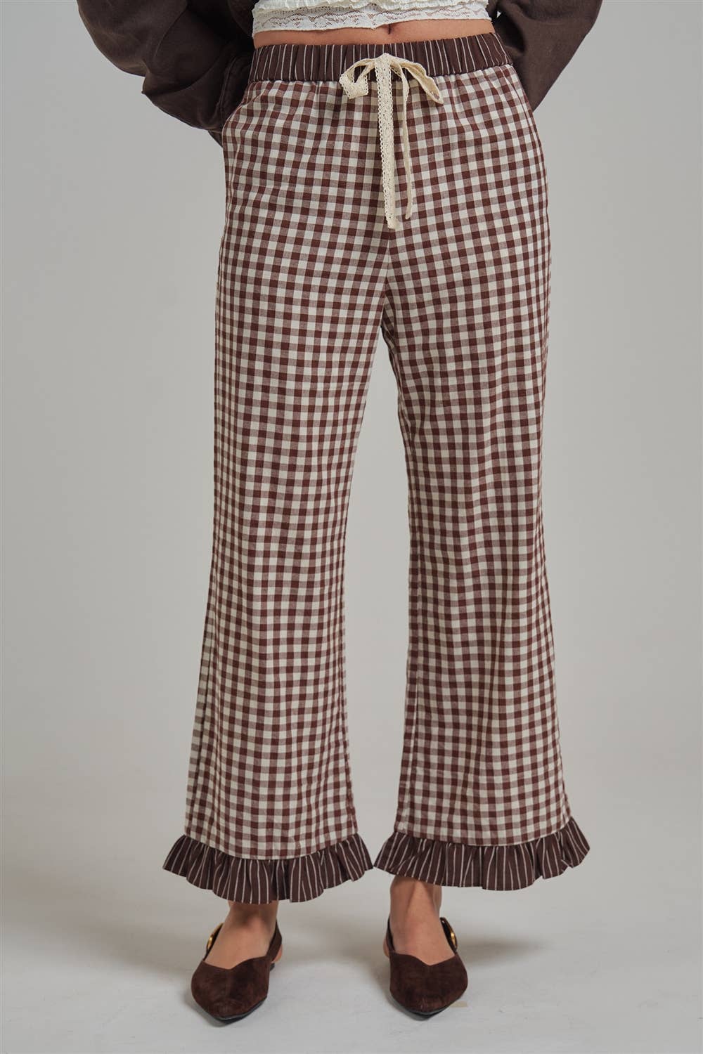 GINGHAM CHECK ELASTIC WAIST PANTS WITH LACE DRASTRING
