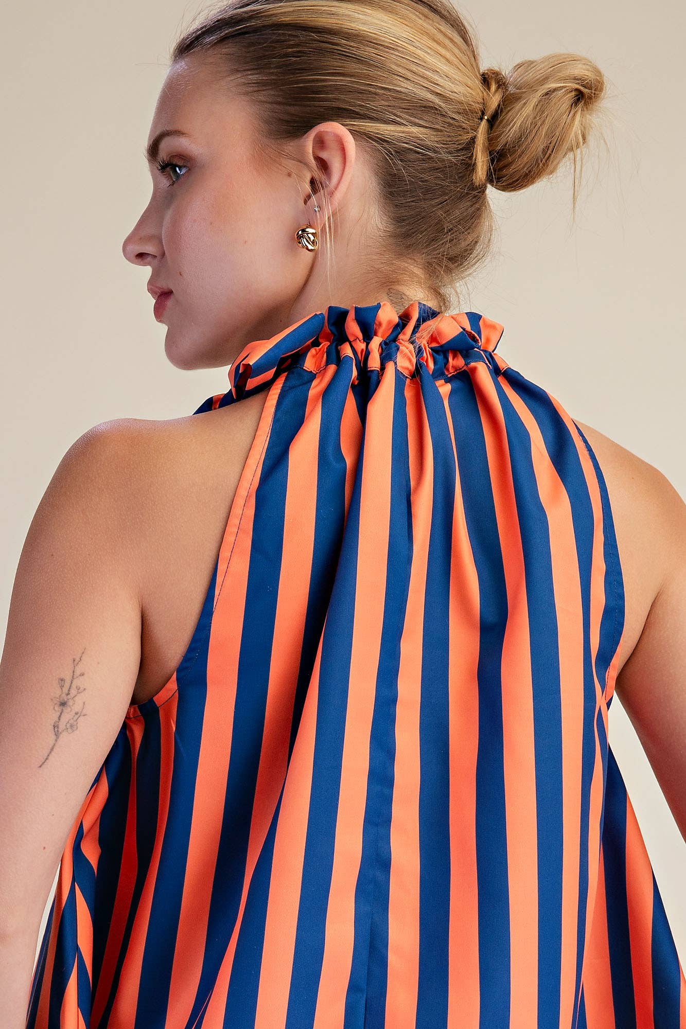 Ruffle Neck Tie Sleeveless Stripe Top