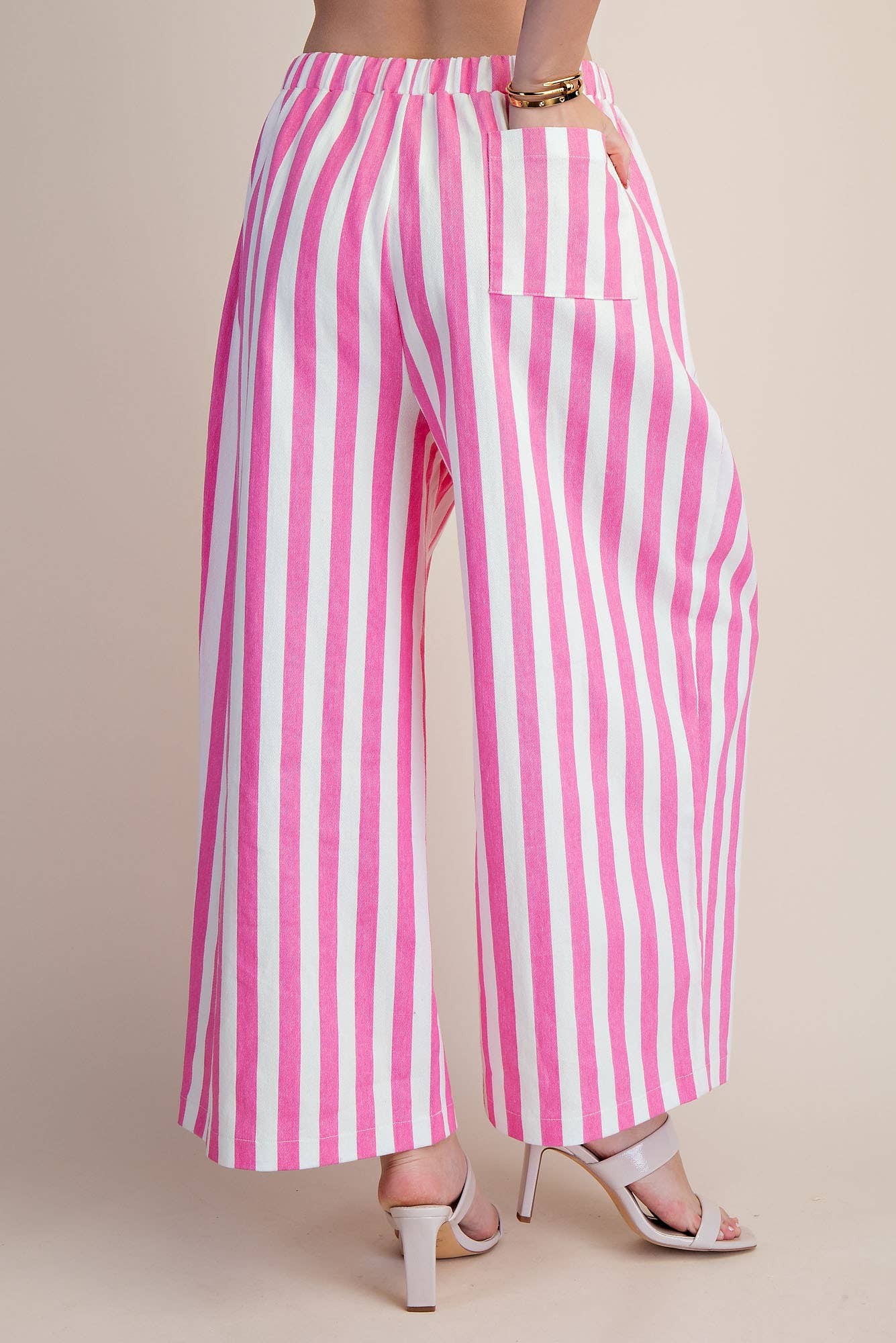 Stripe Wide Pants With Elastic Band Drawstring and Pockets