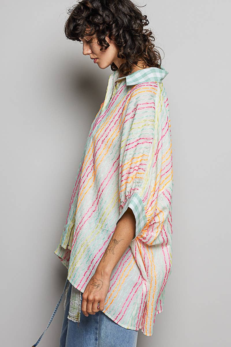 Stripe Boxy Fit Contrast Cuff Woven Shirt Top