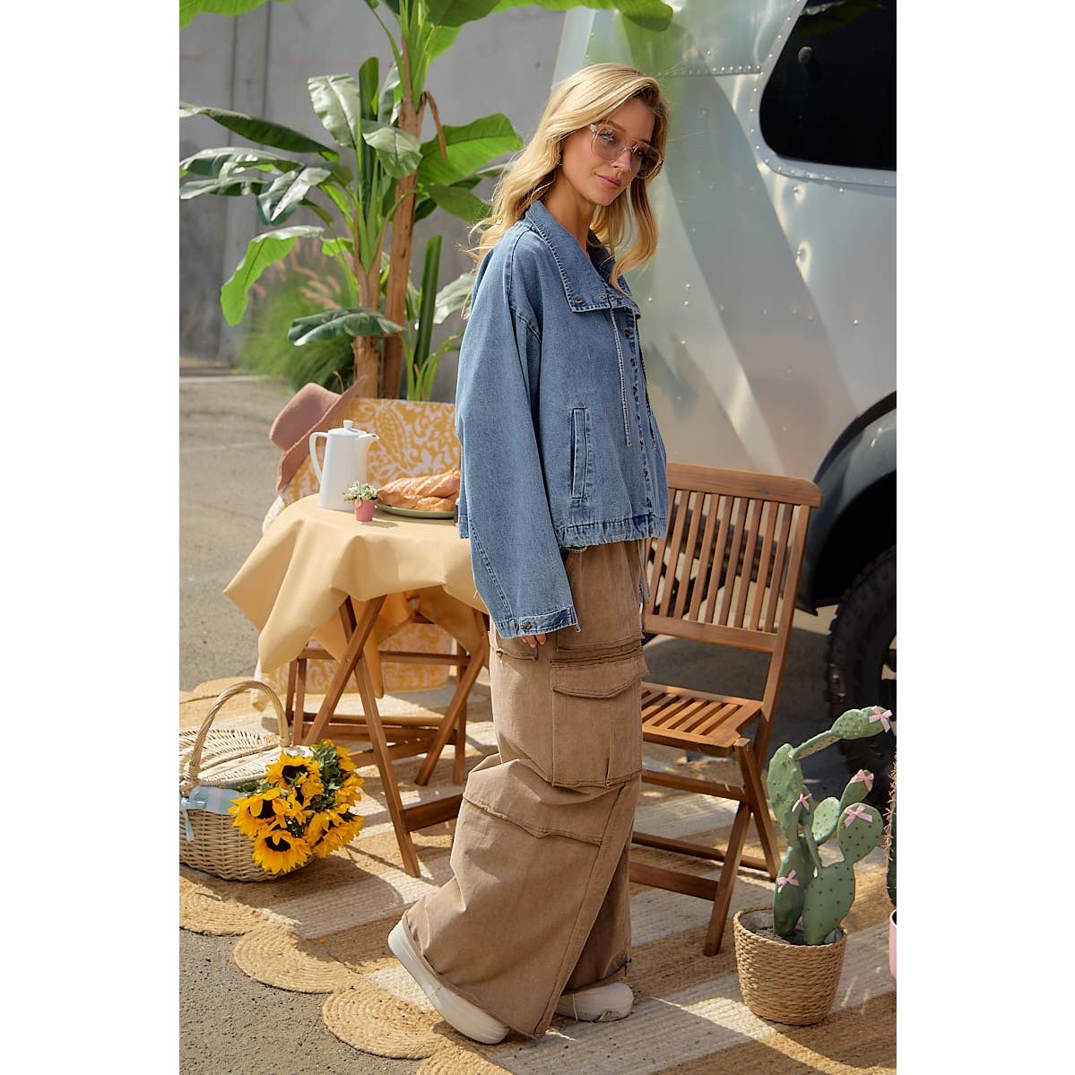 LIGHTWEIGHT WASHED DENIM DRAWSTRING HEM JACKET