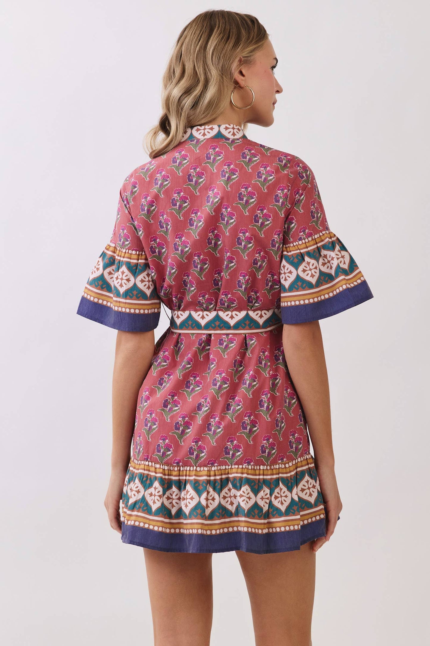 CD06716-Printed Belted Mini Dress with Contrast Border