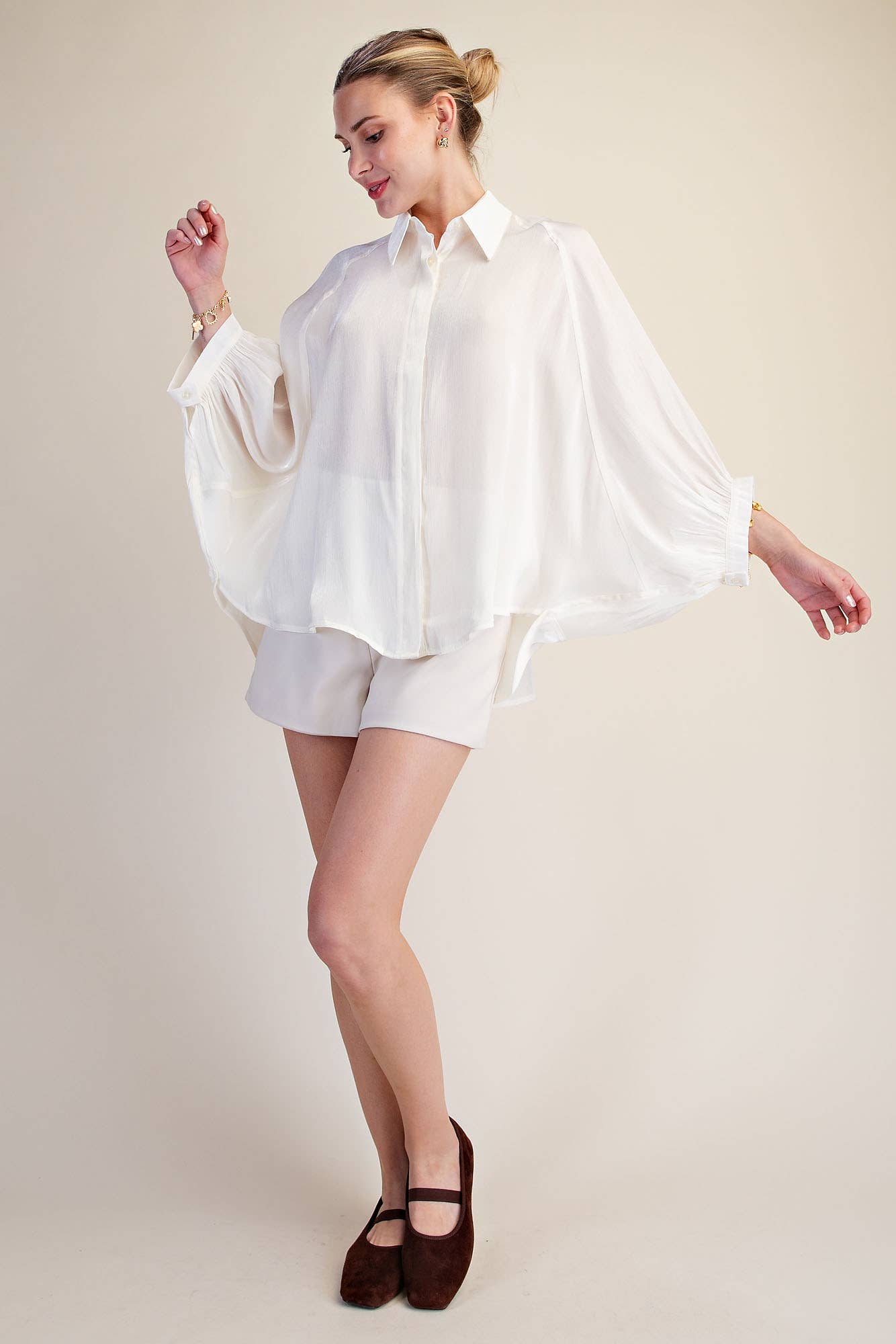 Metallic Oversized Button Down Long Sleeve Shirt Blouse