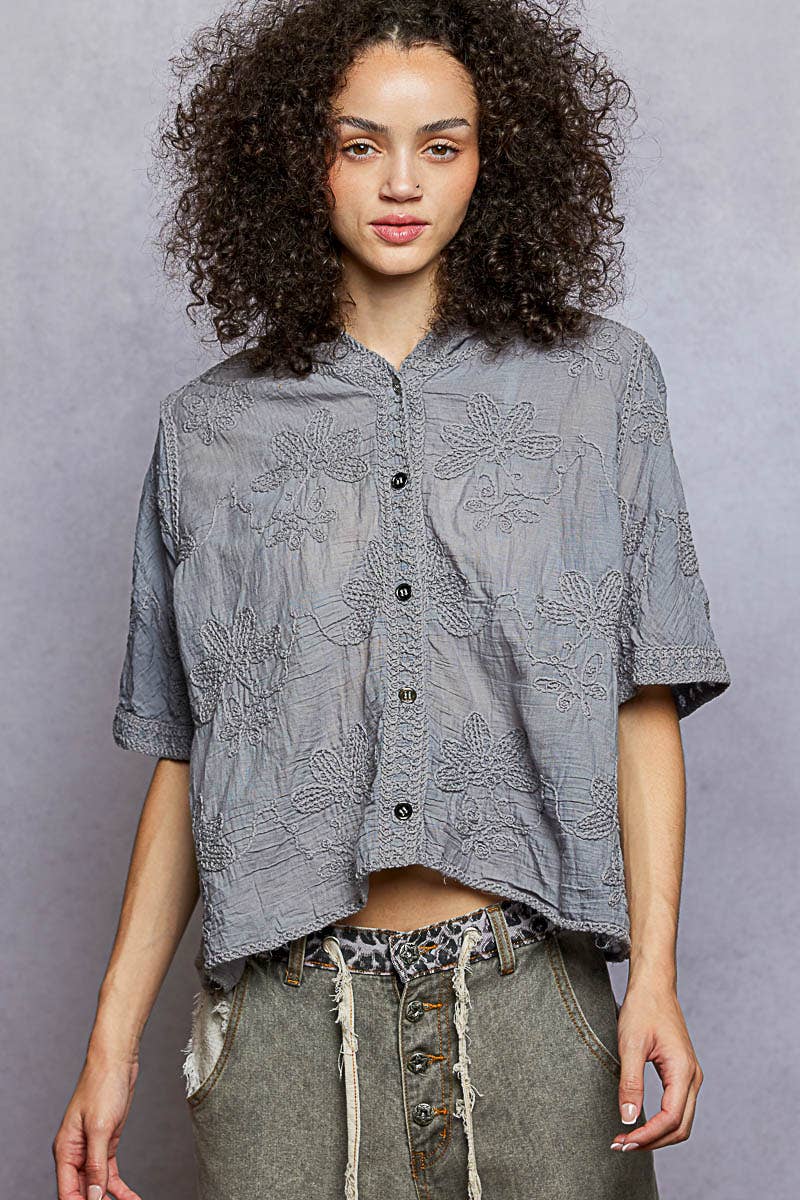 Short Sleeve Border Floral Embroidery Crochet Top