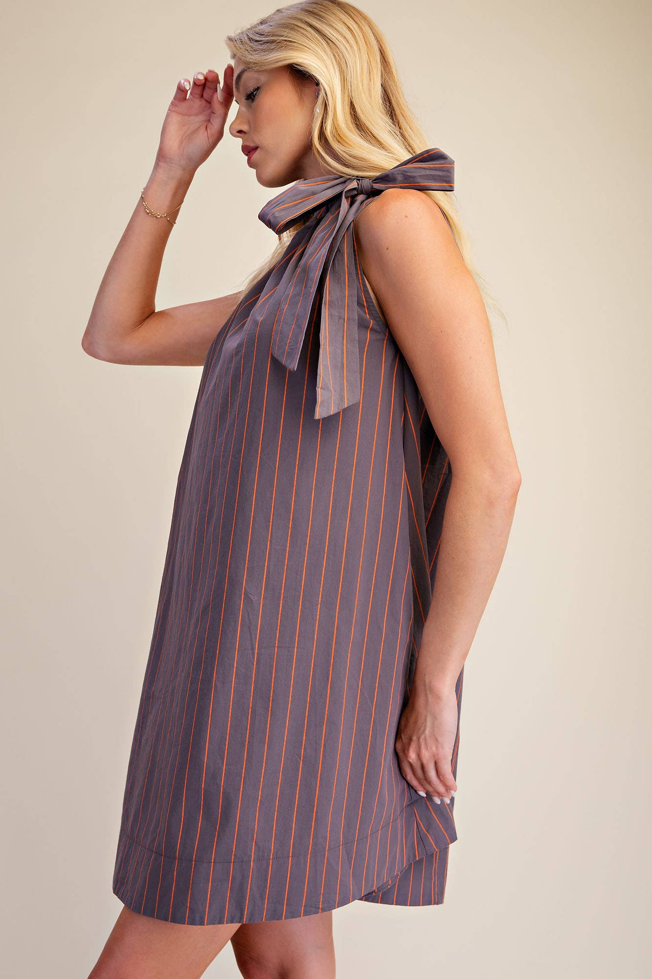Stripe Mini Dress Ruffle Neck Adjustable Tie Sleeveless