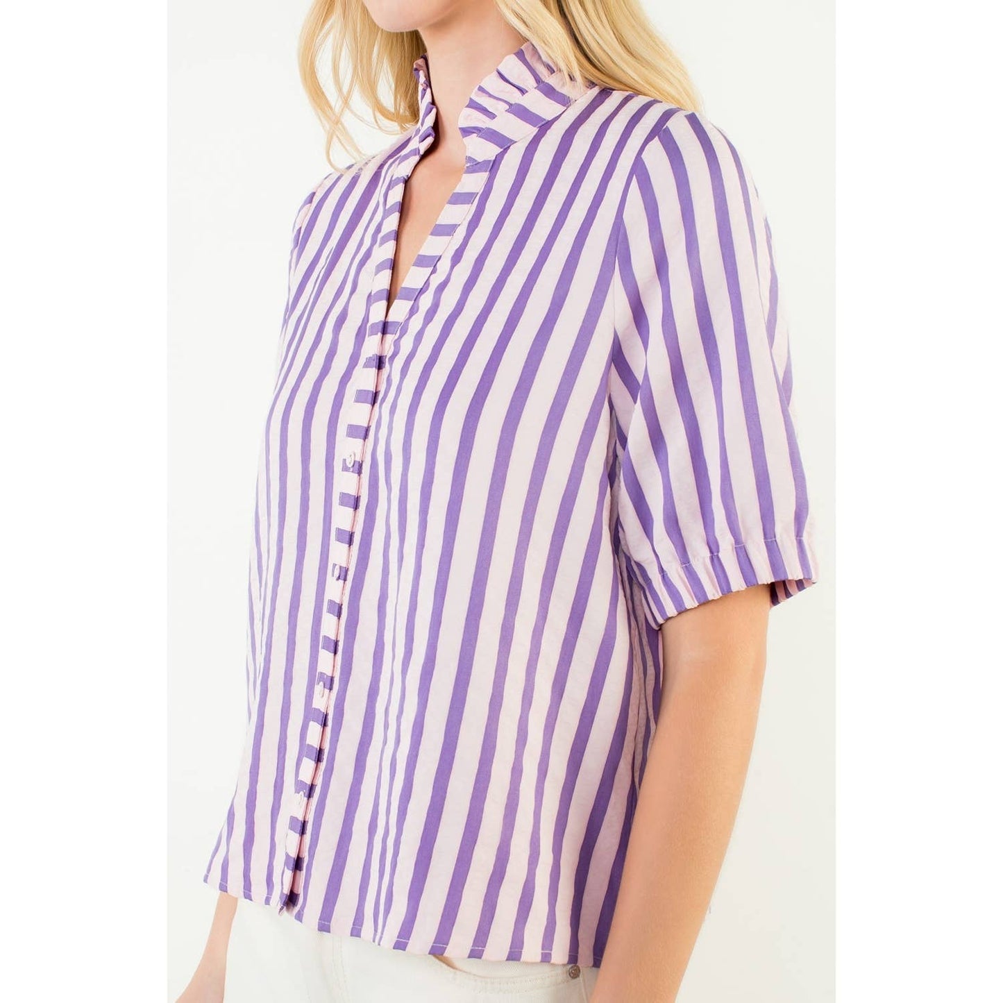 Short Sleeve Striped Button Down Top