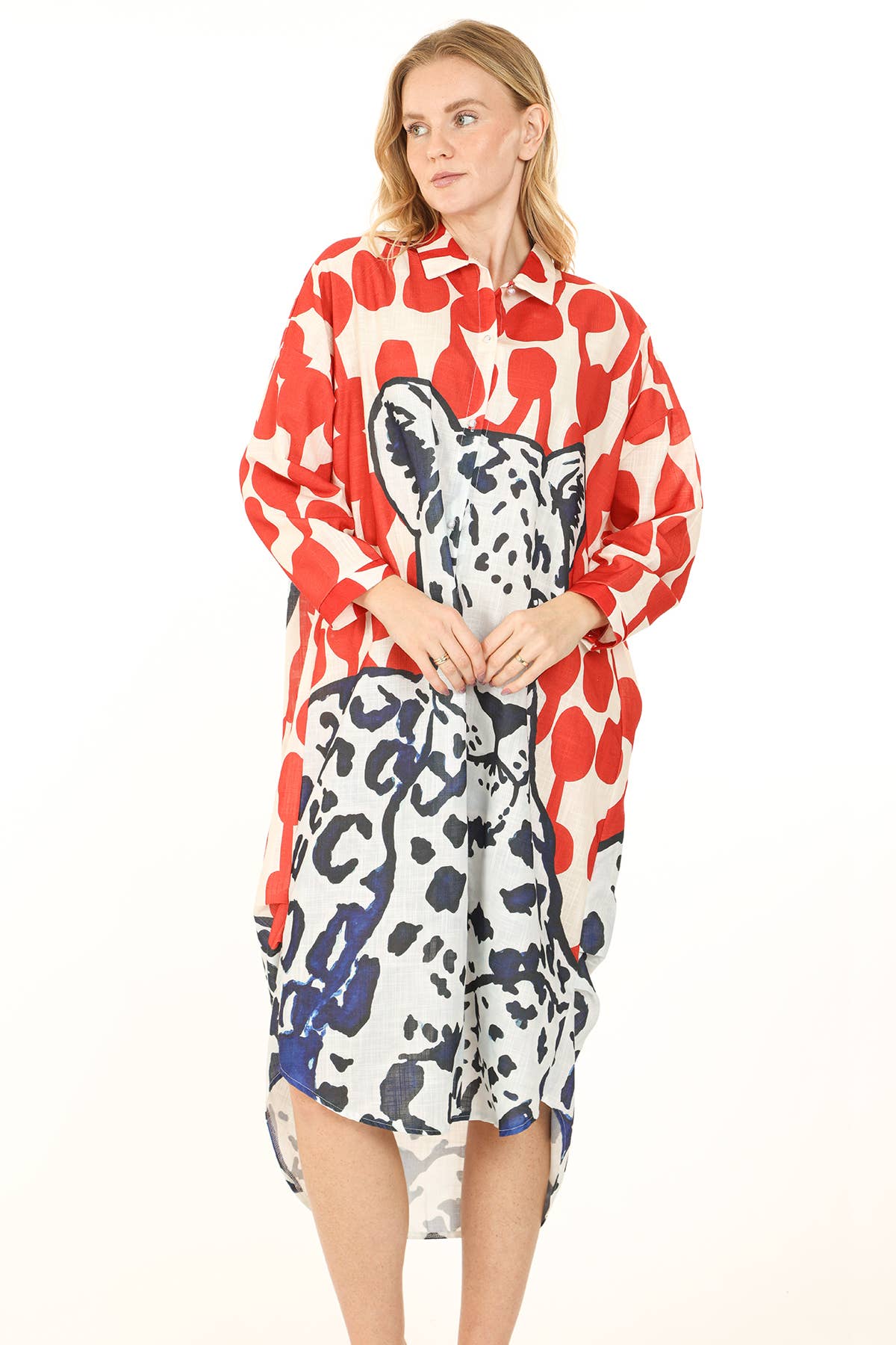Animal & Abstract Printed Linen Maxi Shirt Dress QC3684