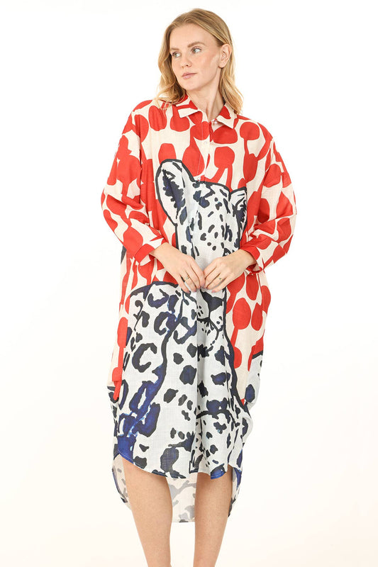 Animal & Abstract Printed Linen Maxi Shirt Dress QC3684