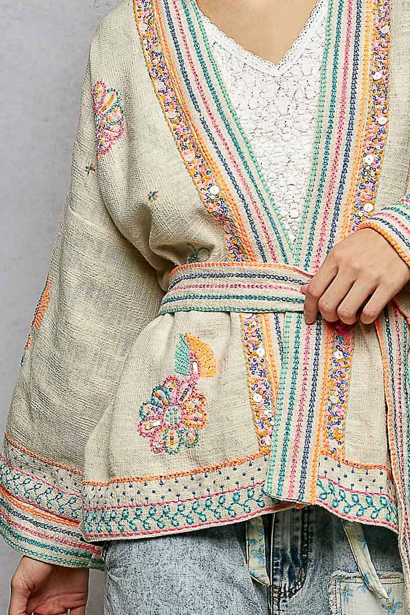 Long Sleeve Kimono Spangle Embroidered Open Cardigan