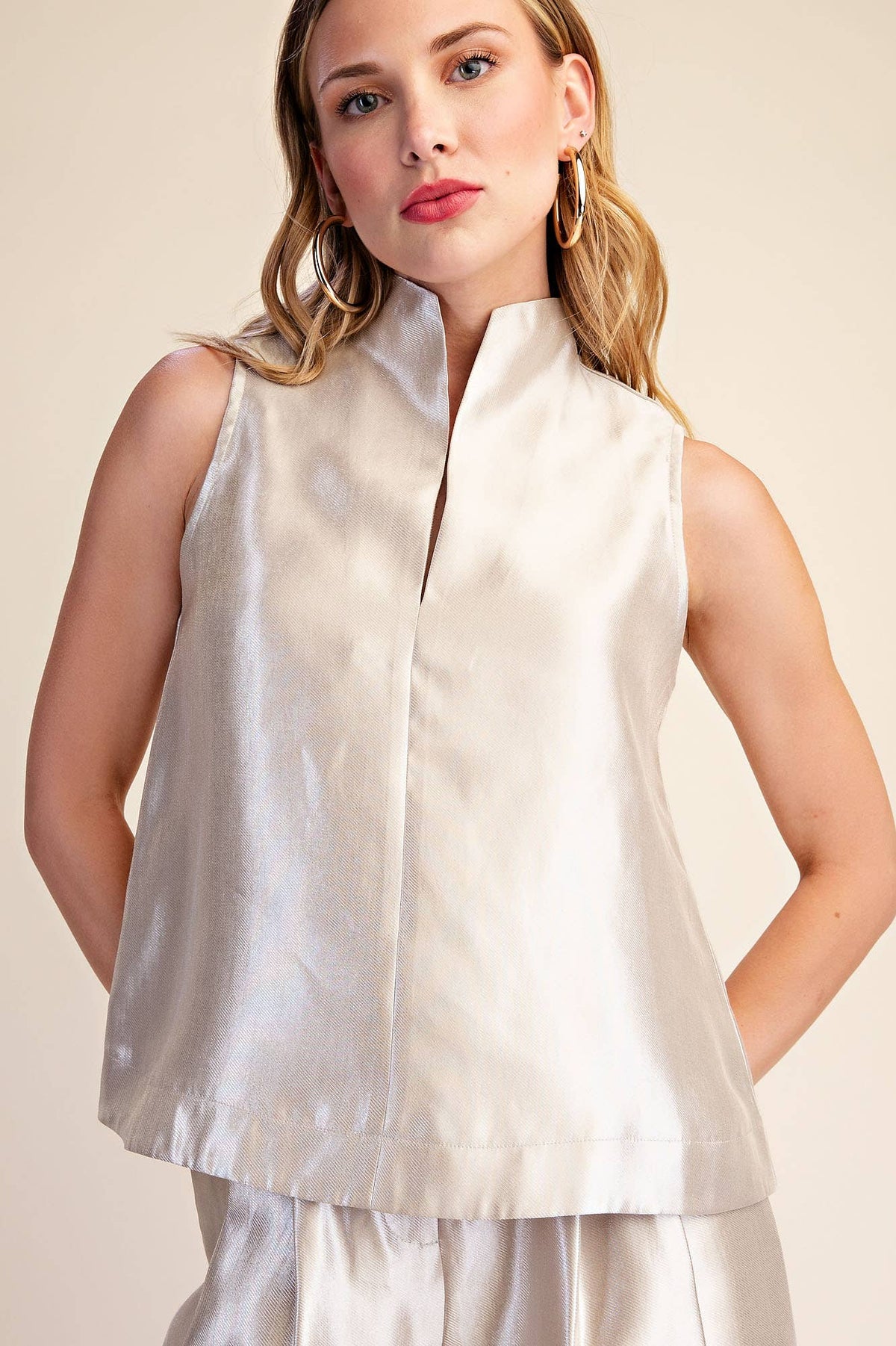 Stand Collar Slit V-Neck Sleeveless Top