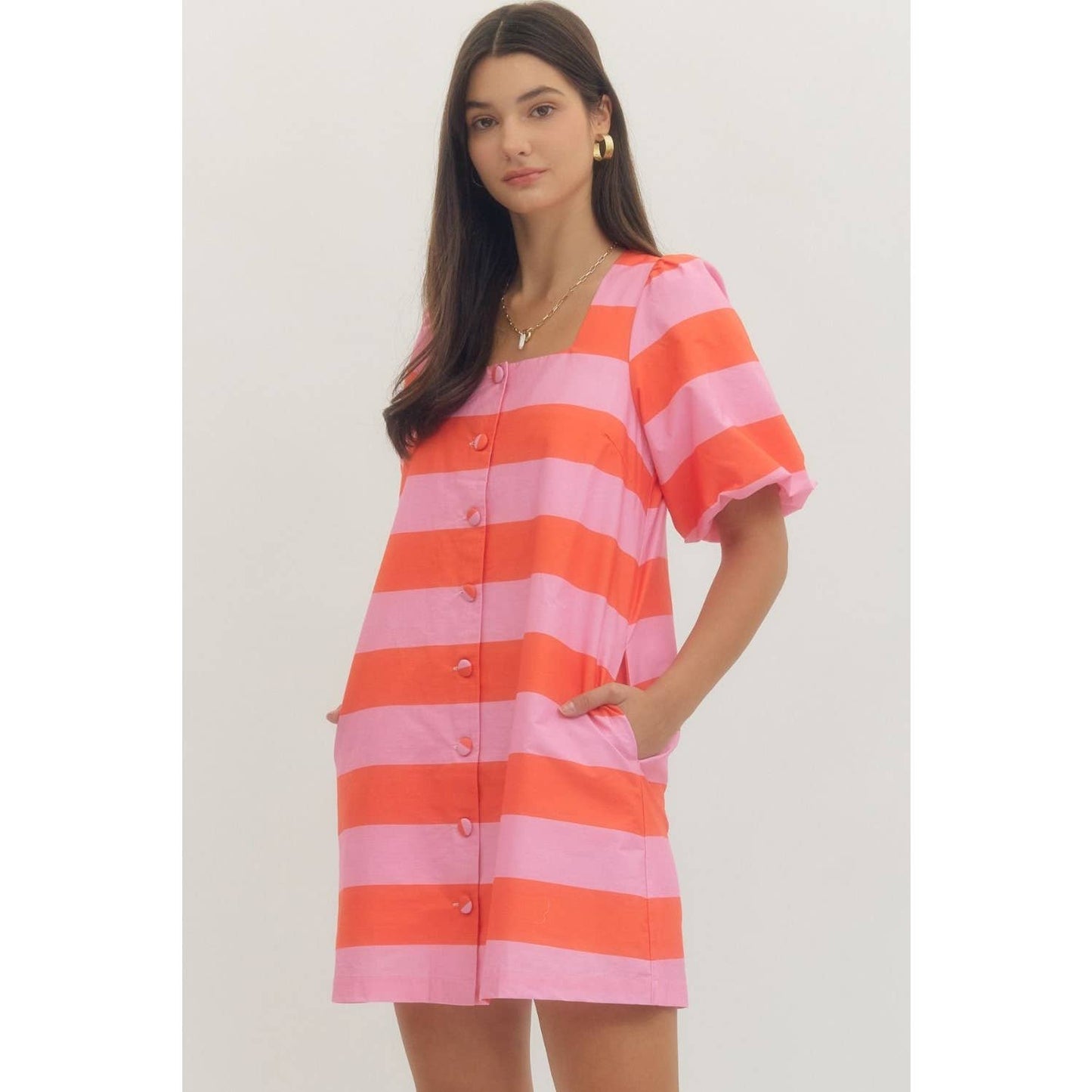 Bold stripe short puff sleeve mini dress