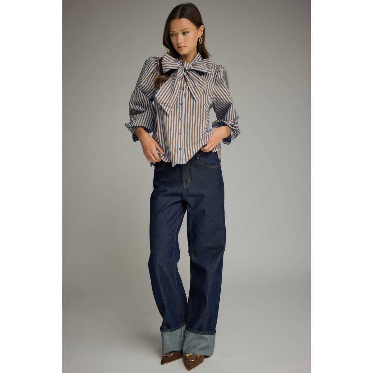 NEW Stripe self-tie neck 3/4 puff sleeve top
