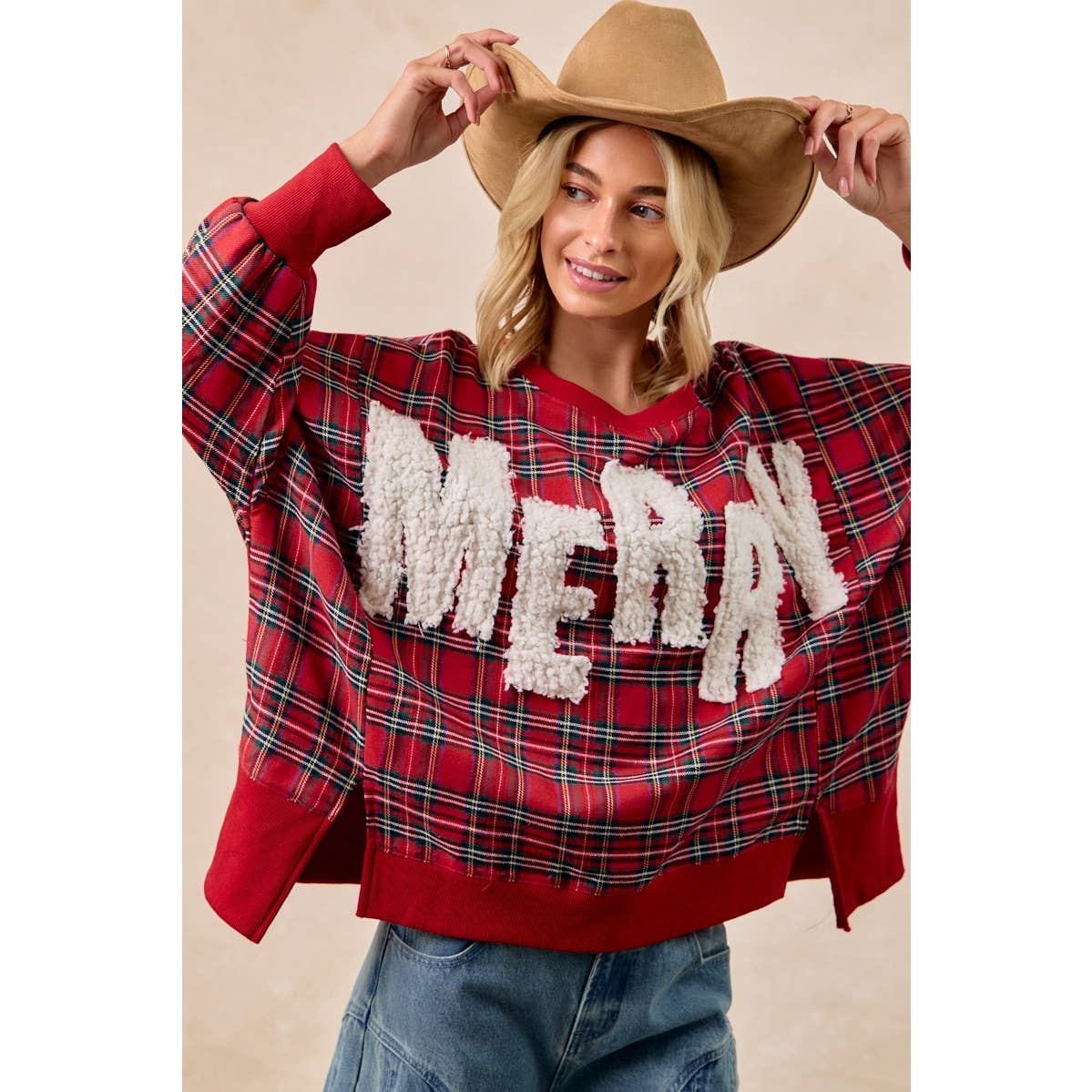 MERRY LETTER PATCHES CHRISTMAS PLAID SWEATSHIRT