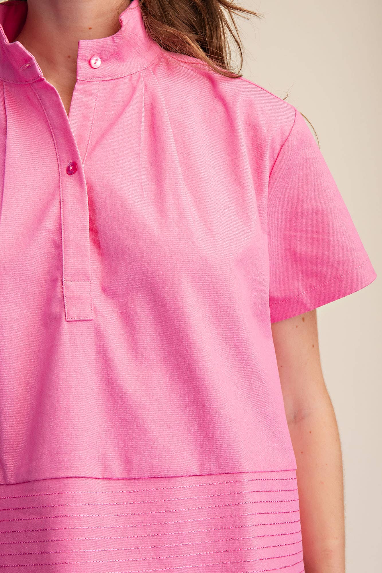 Stand Collar Short Sleeve Stitch Detail Shirt