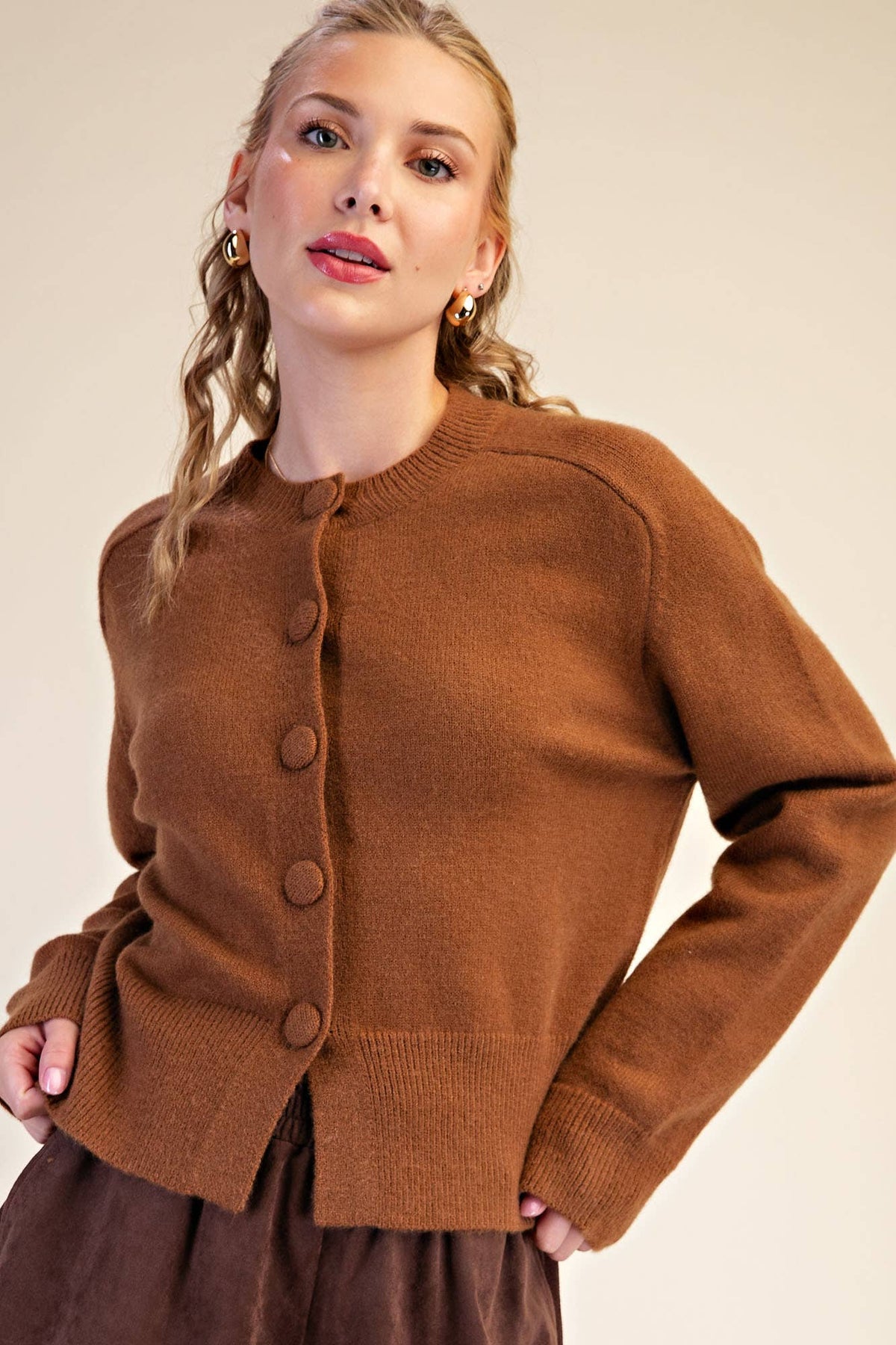 Button Closure Long Sleeve Sweater Cardigan