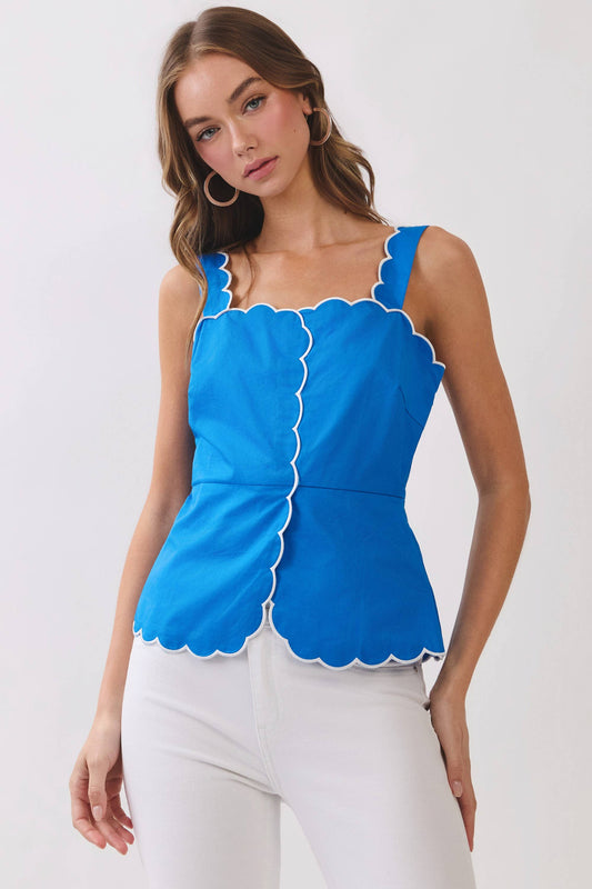 CT10012-Scallop Trim Square Neckline Sleeveless Top