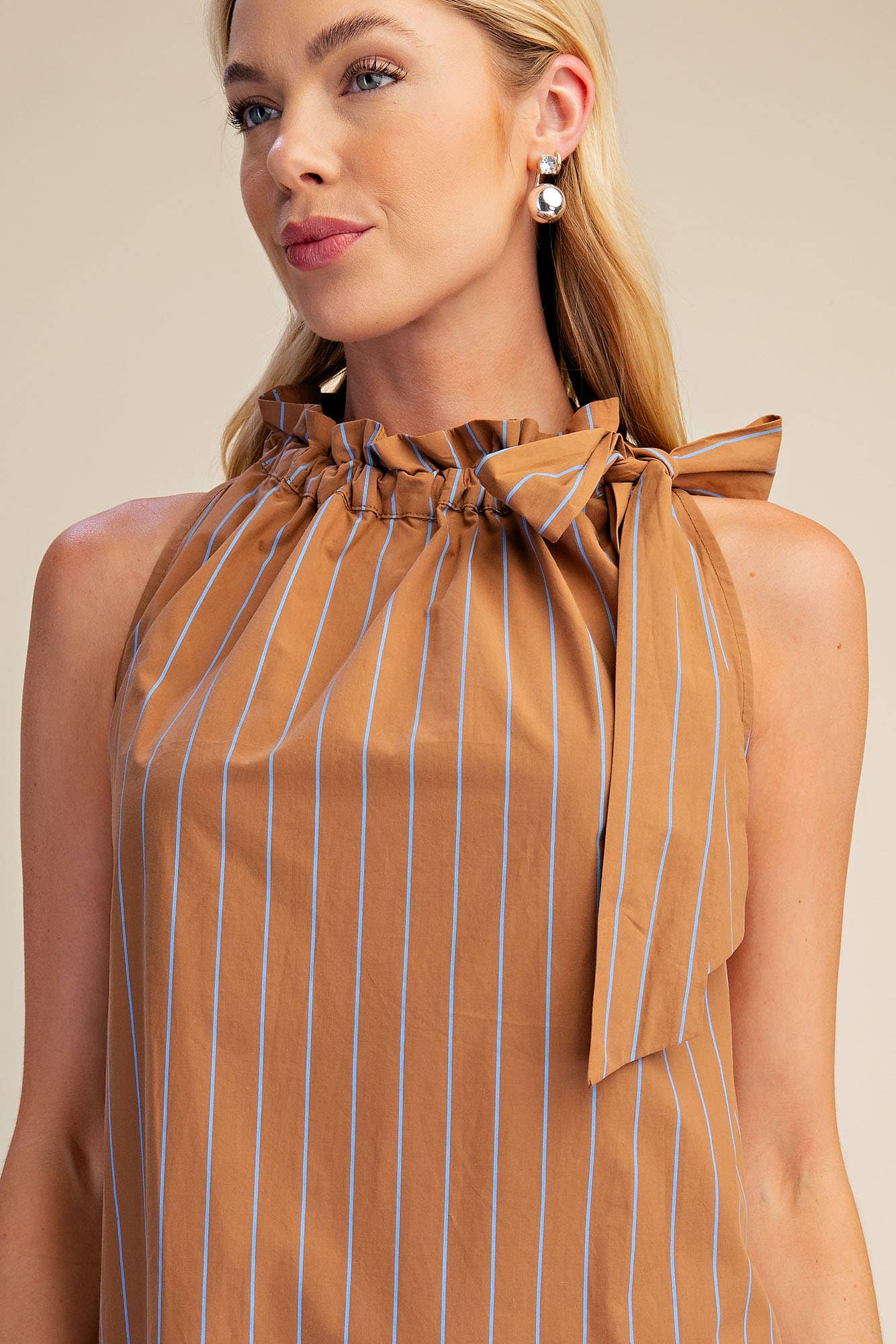 Stripe Mini Dress Ruffle Neck Adjustable Tie Sleeveless
