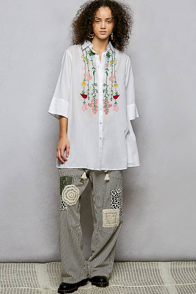 1/2 Sleeve Collared Embroidered Cotton Shirt Woven Top