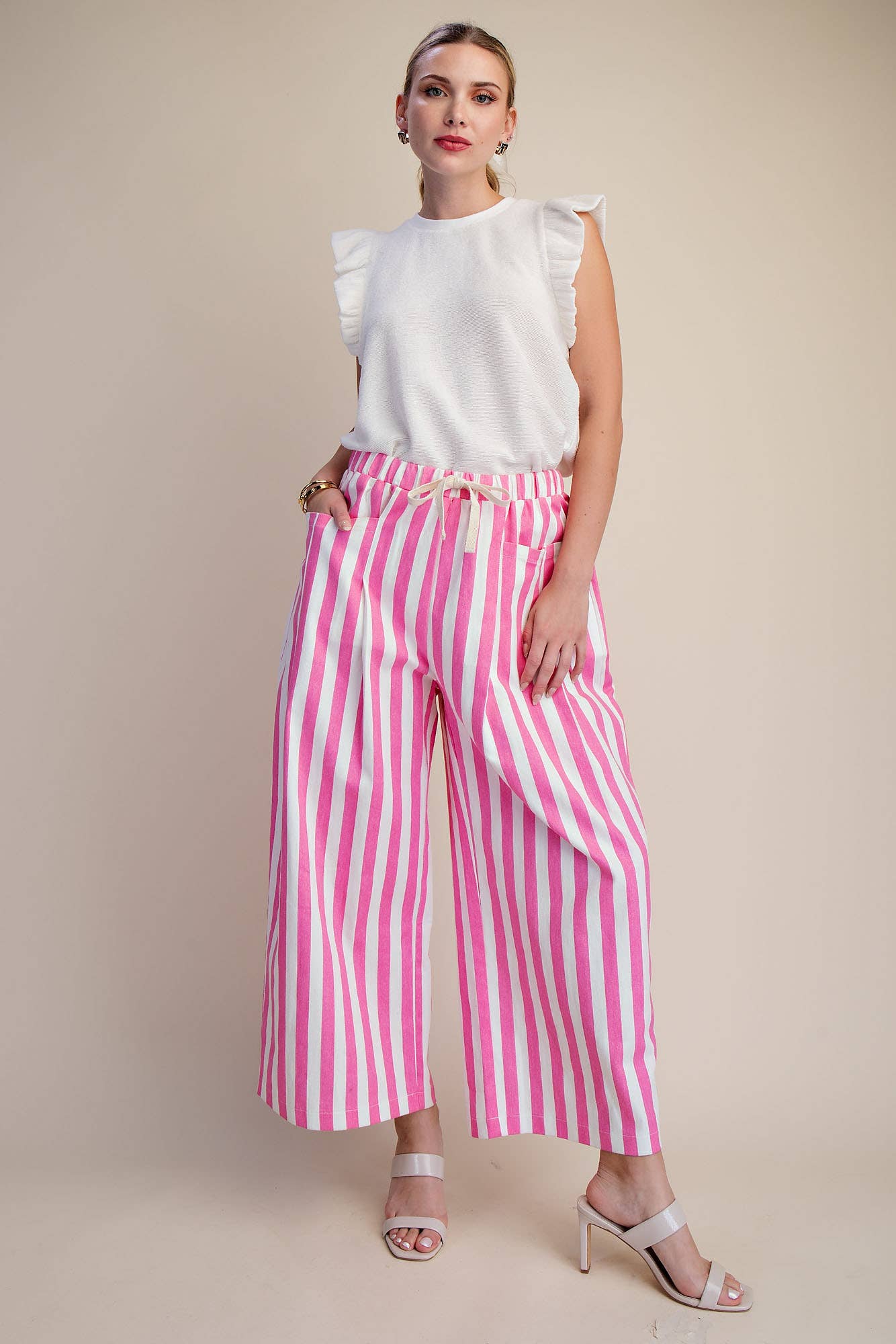 Stripe Wide Pants With Elastic Band Drawstring and Pockets