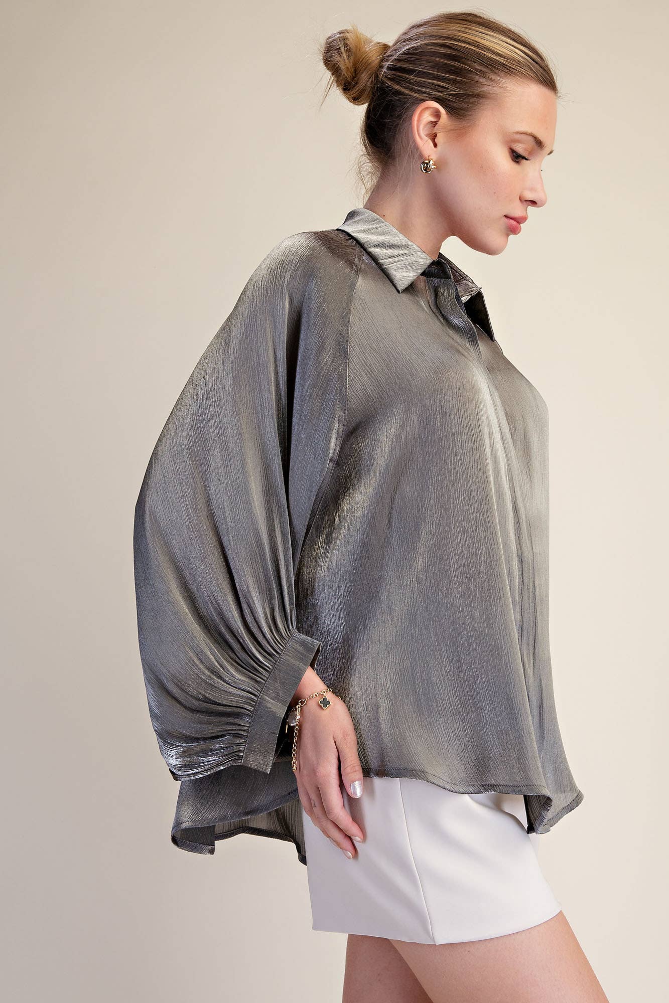 Metallic Oversized Button Down Long Sleeve Shirt Blouse