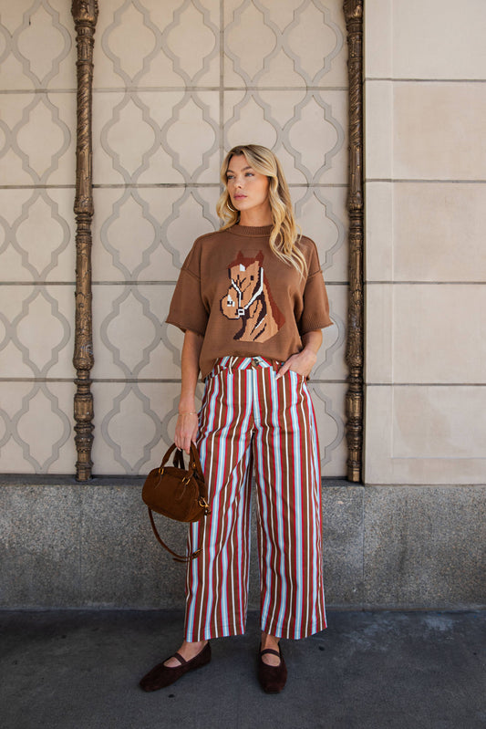 Barrel Leg Stripe Casual High Waist Pants