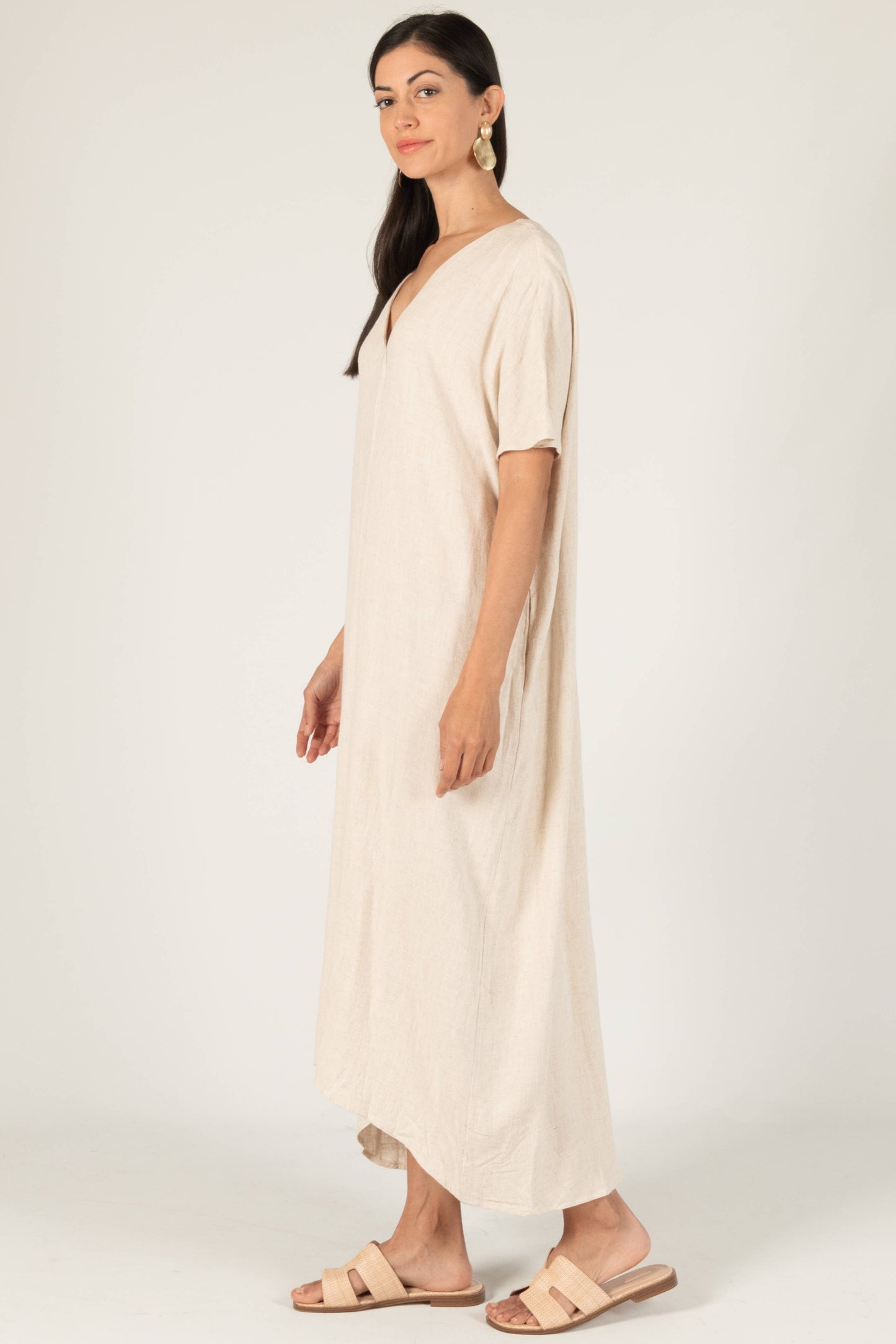 P. CILL Linen Cotton Blend V-Neck Midi Dress