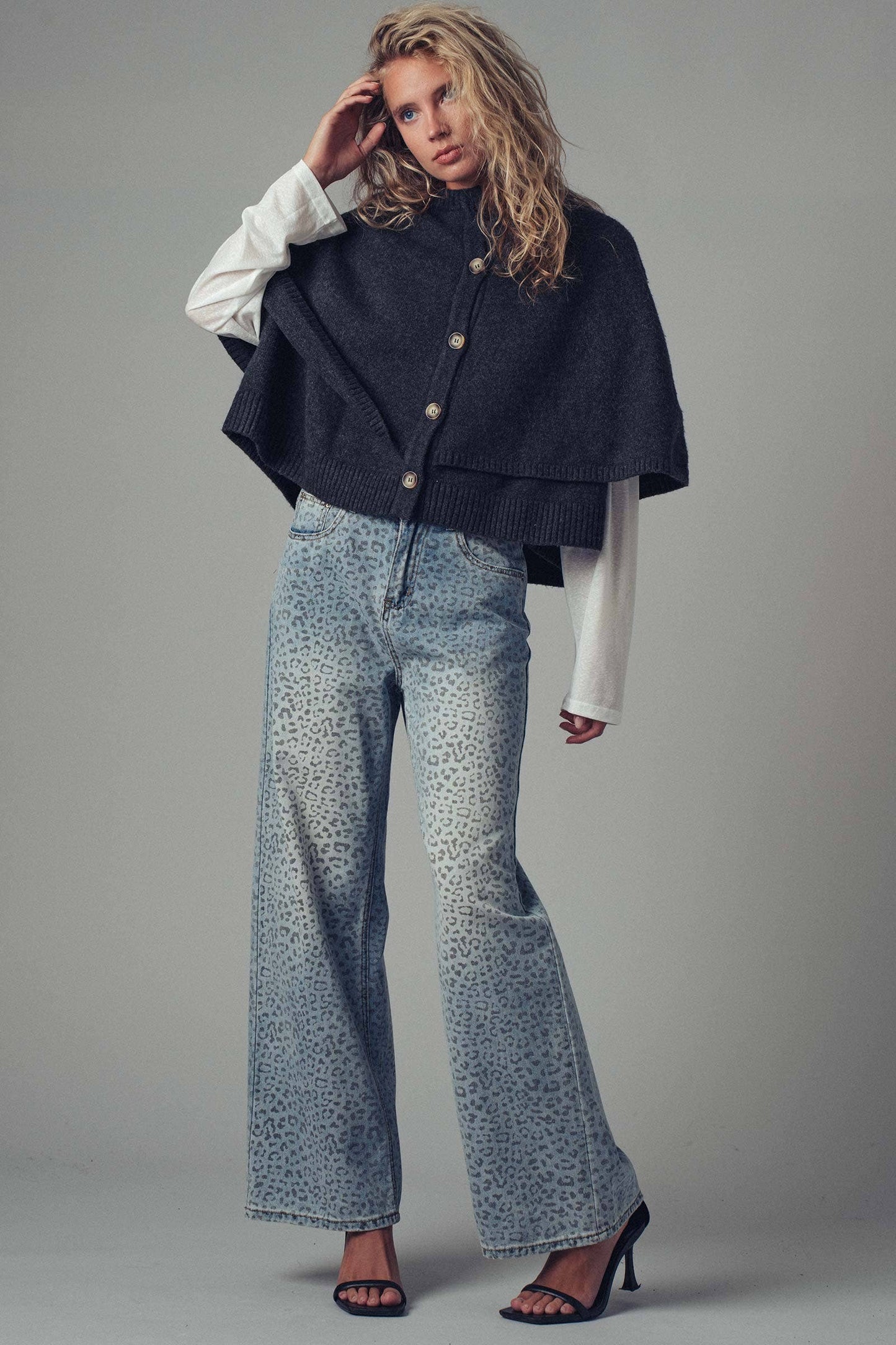 Chic Button-Front Wool Sweater Cape Layer