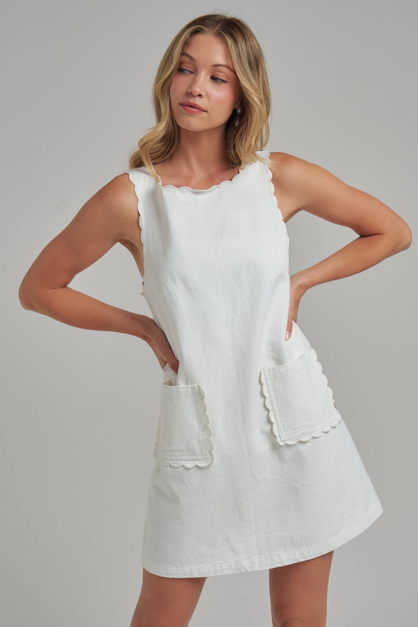 GAME DAY COLOR DENIM MINI DRESS WITH SCALLOPED EMBROIDERY