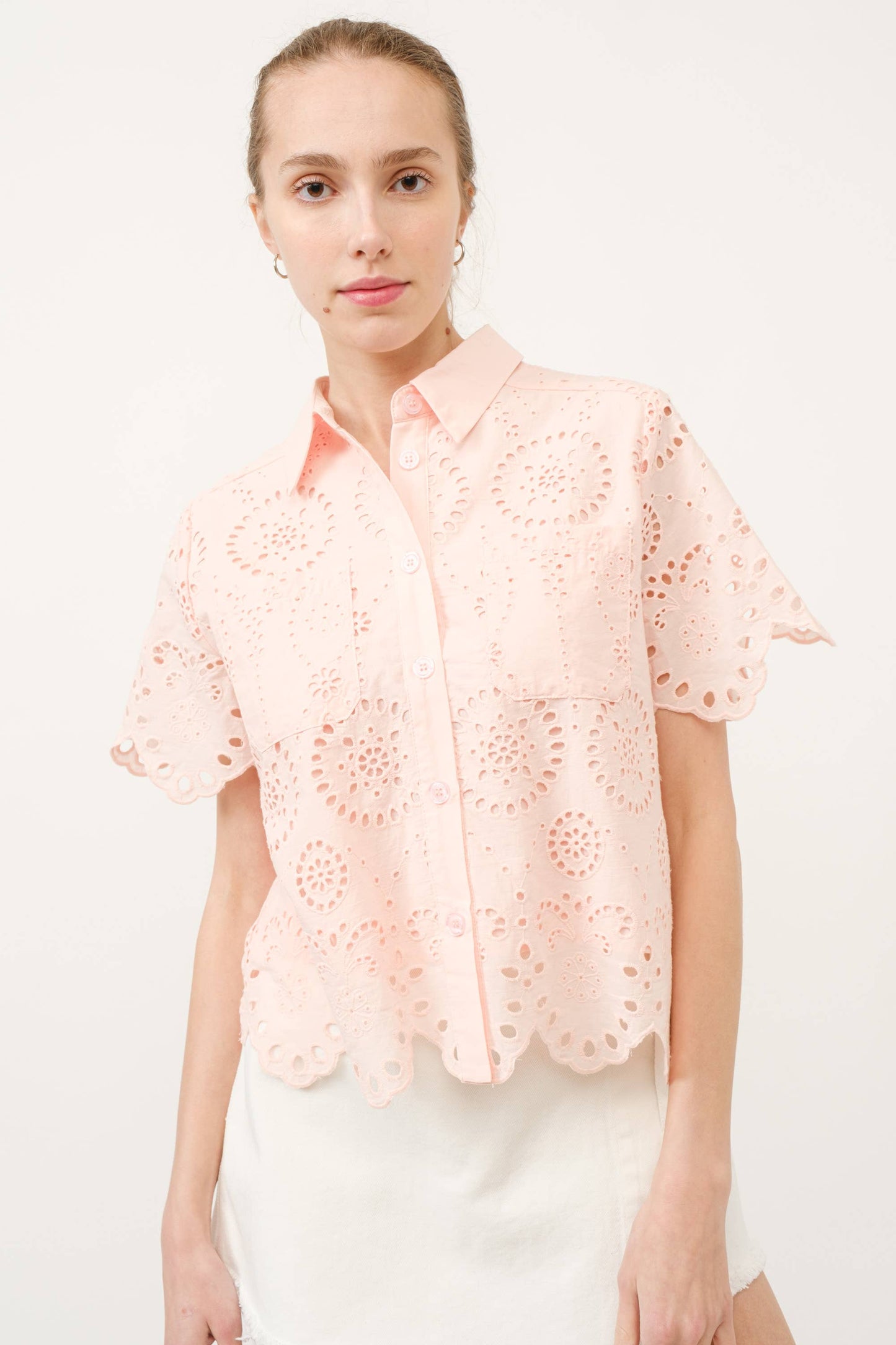 MAT2738 SCALLOP EGDE LACE BUTTON DOWN SHIRTS