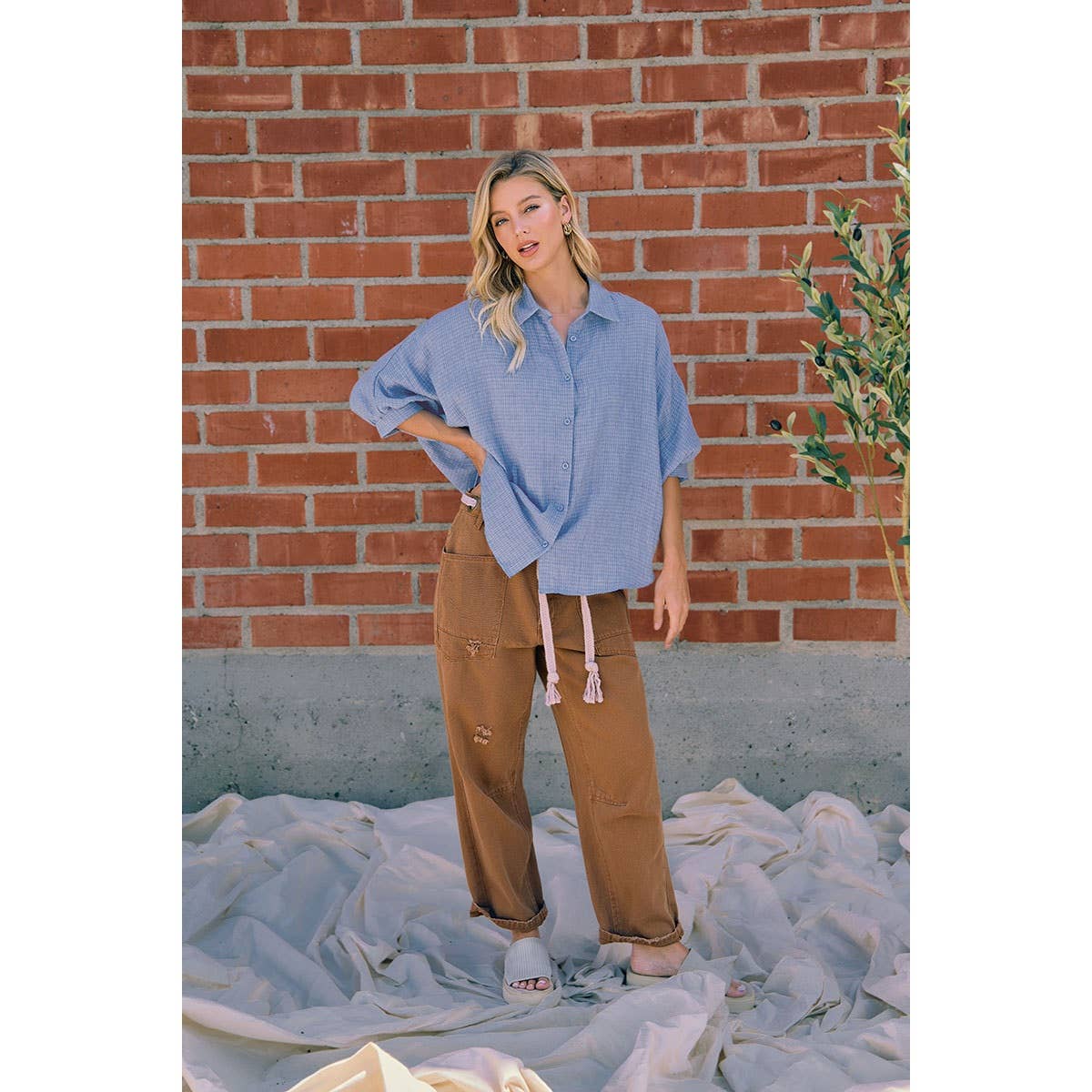 DENIM BLUE GAUZE OVERSIZED BUTTON DOWN SHIRT